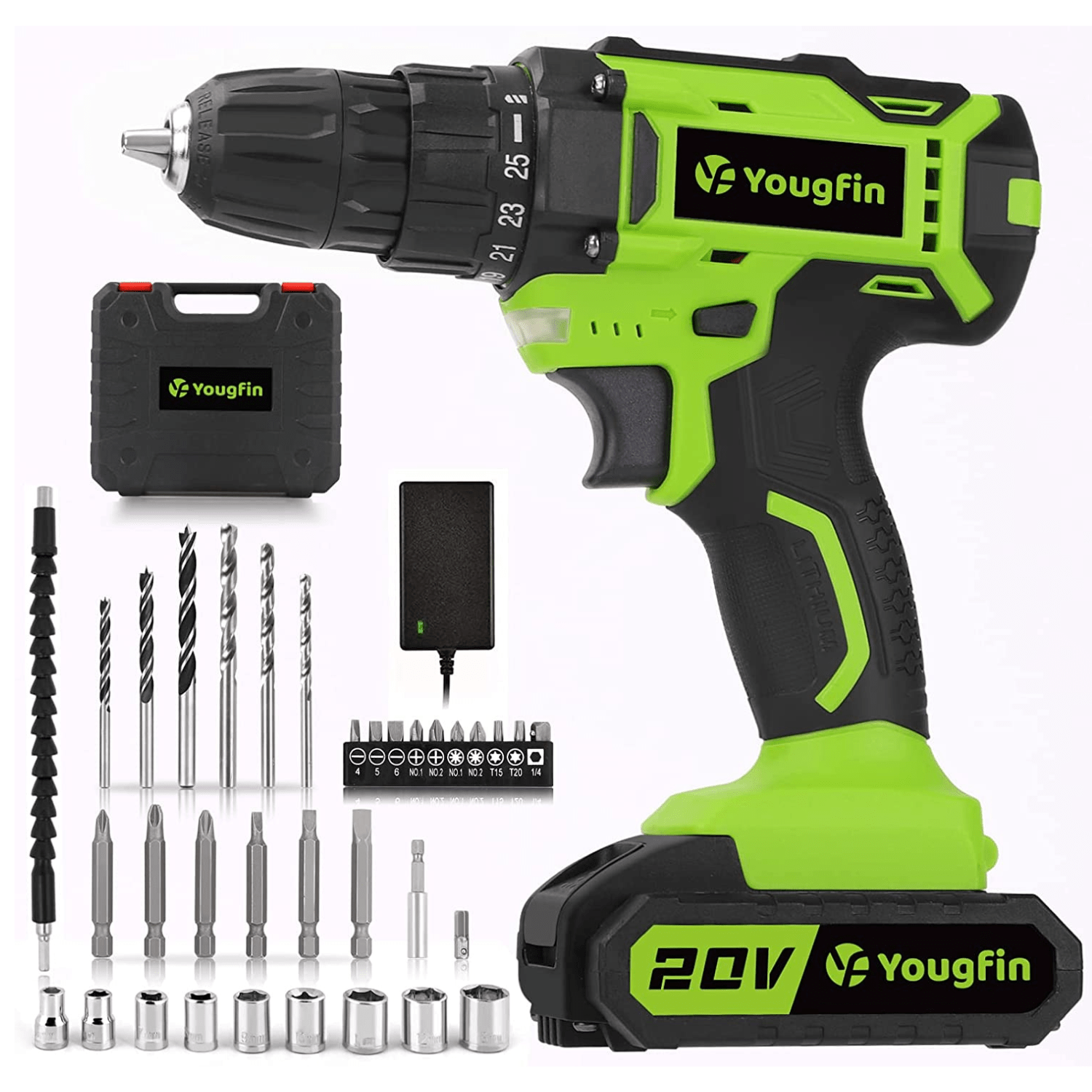 Yougfin Cordless Drill Driver, 20V Power Drill with Lithium-Ion Battery and Fast Charger, 2 Speed Setting,34pcs Accessories Kit,25+1 Position Clutch Power Tool for Home Improvement